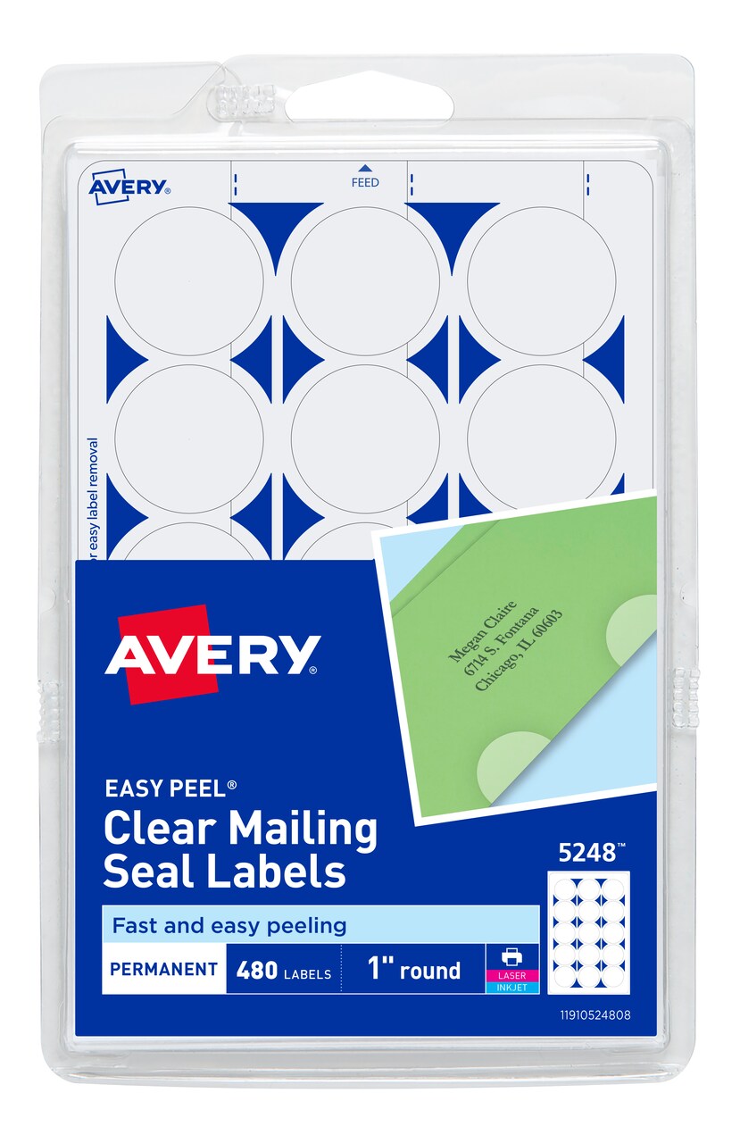 Avery Mailing Seals, 1" Round Labels, Clear, 480 Printable Mailing Labels (05248)